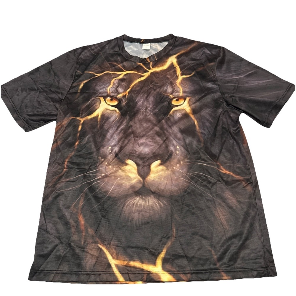Mens Lion Face Lightning All Over Graphic Print T-Shirt Black Gold Size L